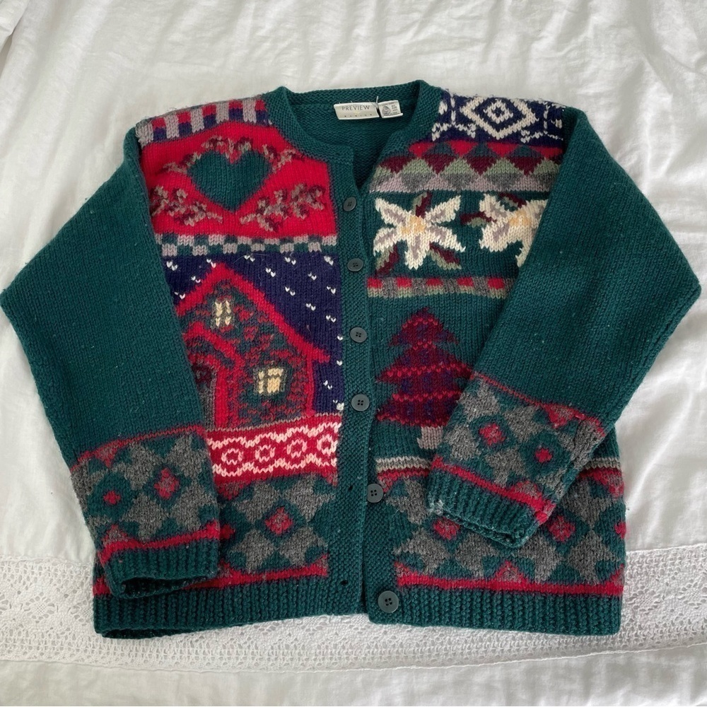 Preview Basics Holiday Sweater SMALL 100% Wool Ugly Christmas Cardigan vintage